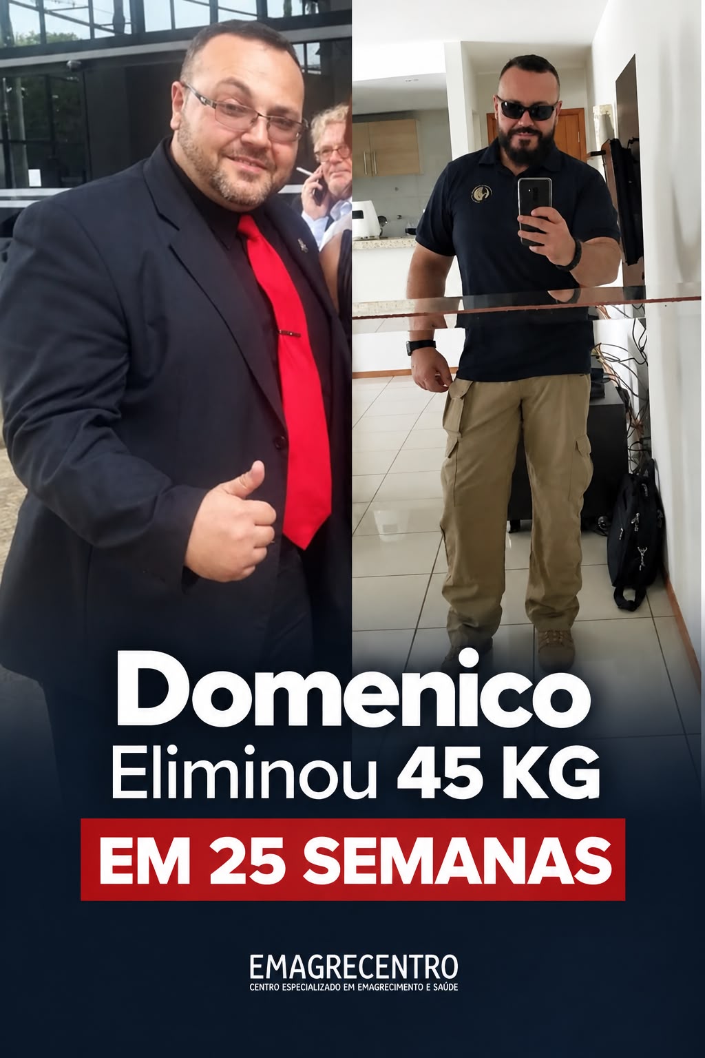 Domenico segurando plaquinha de resultado: eliminou 45 kg na Emagrecentro Vila Maria