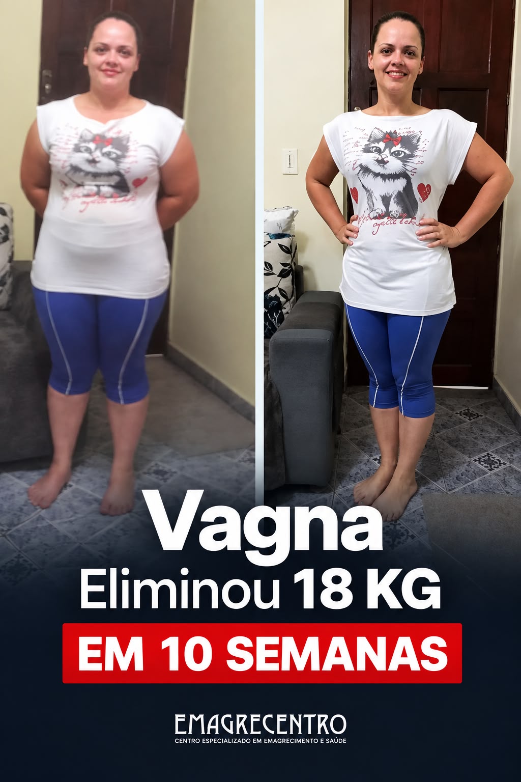Vagna segurando plaquinha de resultado: eliminou 18 kg na Emagrecentro Vila Maria